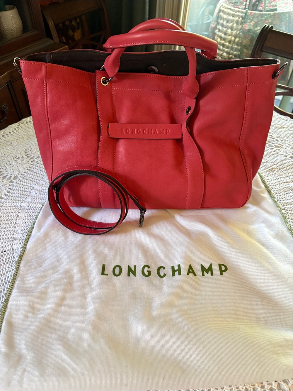 Longchamp Coral-Pink Leather Tote with Top Handles